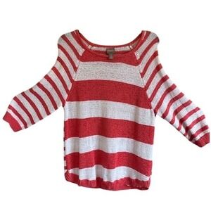 Chico's Women's Lightweight Coral‎ & White Striped 3/4 Sleeve Sweater Size XL